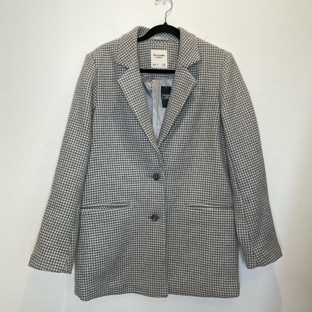NWT Abercrombie & Fitch Wool Blend Houndstooth Tailored Top Coat in Grey Medium - Picture 2 of 16